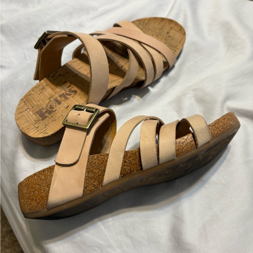 Kork-Ease Tan Sandals with Cork Footbed and Crisscross Straps.